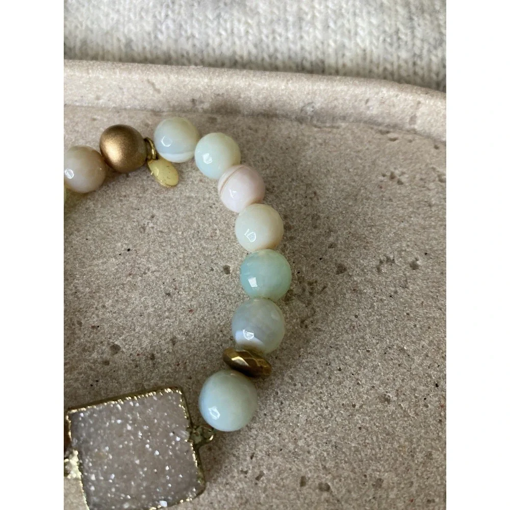 BPD Pastel Agate Beaded Stretch Bracelet Druzy Quartz Connector Gold Tone